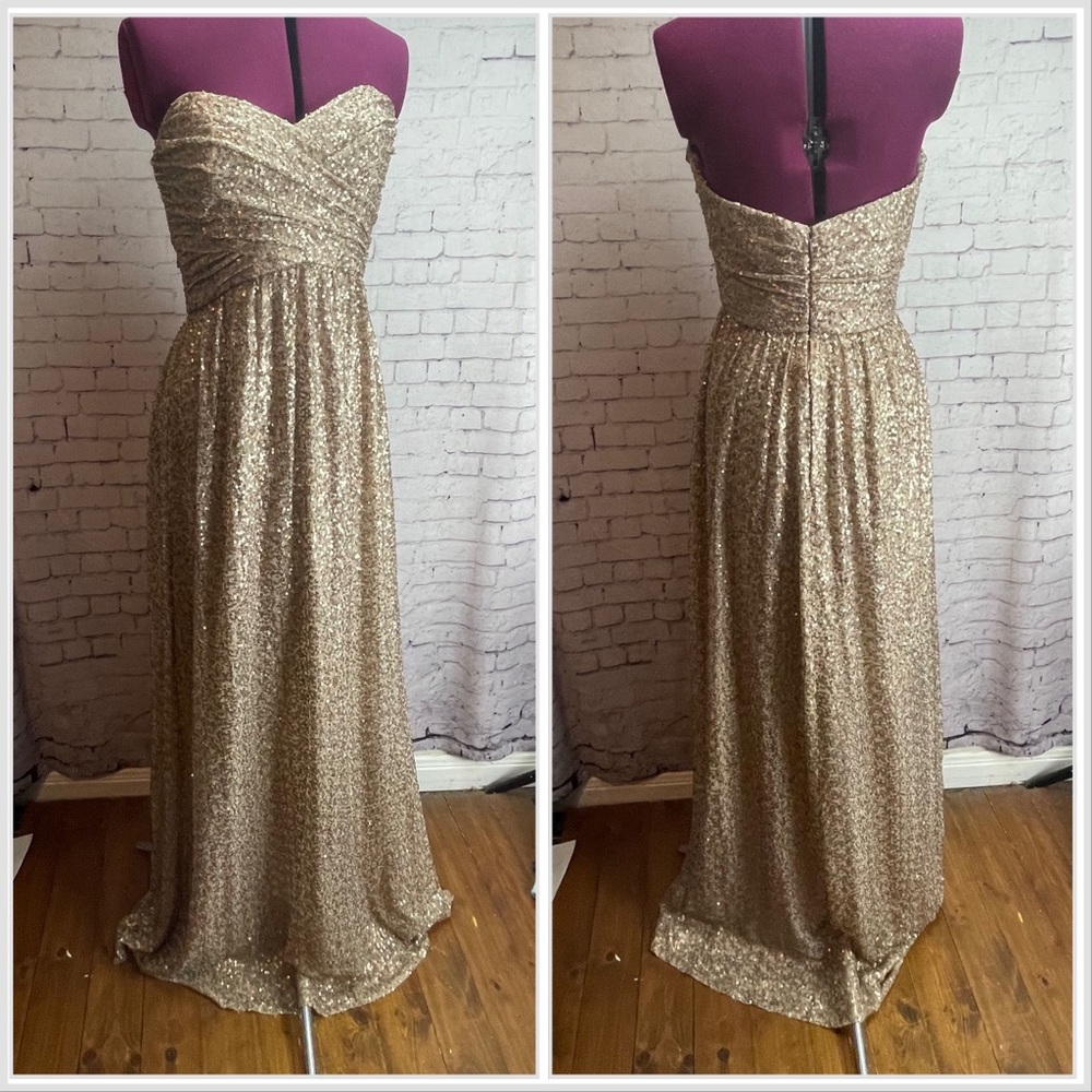 Amsale size 10 gold sequined strapless formal dress